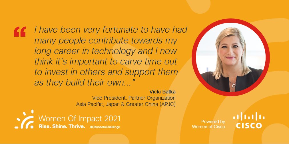WomenOfCisco's tweet image. &quot;It&apos;s important to carve out time to invest in others, and support them as they build their own career in technology&quot; @VickiBatka, VP #Cisco Partner Organization APJC, leading by example and committed to #MultiplyTechDiversity. #WeAreCisco #WomenOfCisco #IWD #ChooseToChallenge