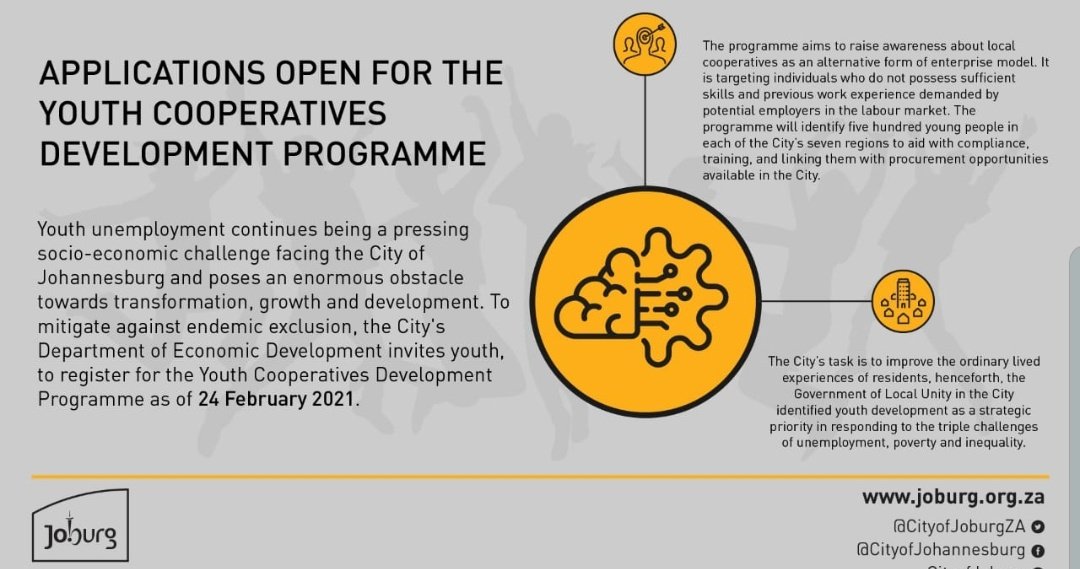 CityofJoburgZA's tweet photo. 📌Youth Cooperatives Development Programme: an opportunity for 500 young people to apply for our #JoburgEnterprises development programme aimed at youth cooperatives

Read up and apply at https://t.co/gViaukvOaK #JoburgCoOps #JoburgYouth ^NS https://t.co/CJhStD0bW5
