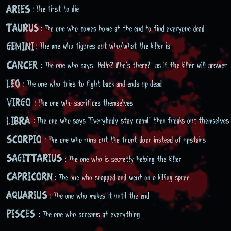 JMVanHornAuthor's tweet photo. This Libra is feeling a bit called out. 😉 But who would be the killer?
.
.
.
.
#horror #HorrorMovies #FinalGirl #FinalGuy #ZodiacSigns #Killer #survivor https://t.co/LIq70F6s90
