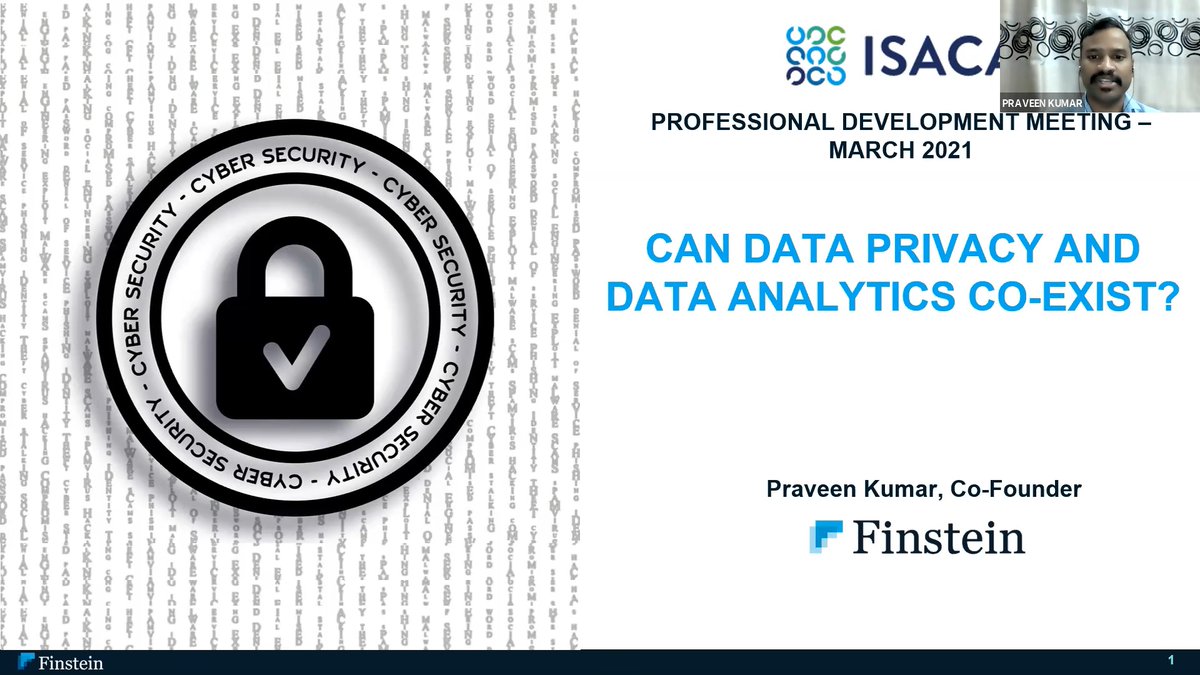 isacachennai's tweet photo. Thank you Praveen Kumar for presenting about "Can data privacy and data analytics co-exist?" during the March 2021 Professional Development Meeting (PDM).  Here is the YouTube link: https://t.co/iIQy106jY4 
#isaca #privacy #analytics #isacachennai https://t.co/vjgQiDOEGS
