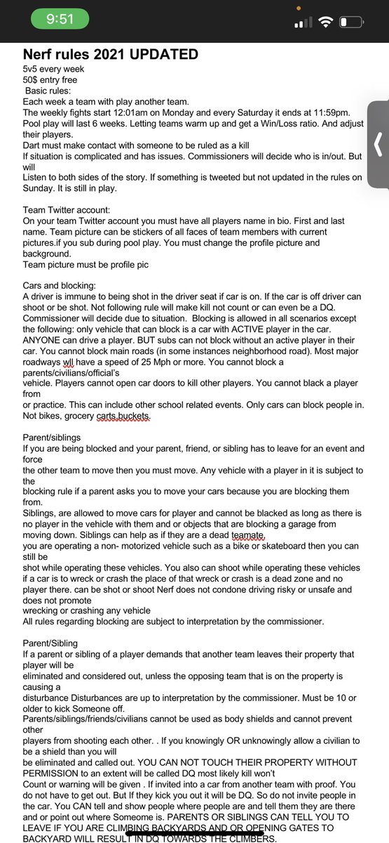 nerf2021's tweet photo. Updated rules. Notable changes. Backyards, age limit to let people in and kick off. Commish interpretation of no rule in tact situations, safe zones updated. Please lmk any questions. https://t.co/9QXhKUG2kg