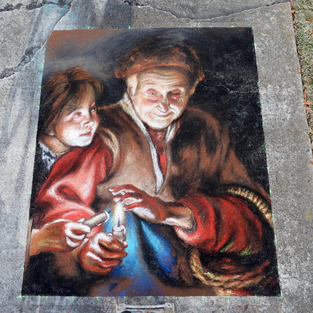 ChalkFest's tweet photo. The LWSPF would like to thank everyone who made a donation during our Virtual Event. Donations from the public are the life blood of the Festival. Thanks to Anat Ronen who drew Old Woman and Boy with Candles. 
#lakeworthstreetpaintingfestival
#streetpaintingfestival https://t.co/zaHiUSmfnu
