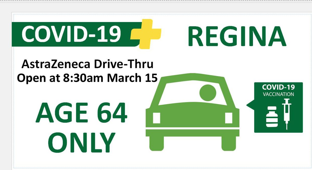 The #Regina AstraZeneca #COVID19sk drive-thru immunization site will be open 8:30am-11:30pm (extended hrs) for those 64 years old (birthdate Mar 16, 1956 to Mar 15, 1957) today. 1st-come, 1st-served. Clinic is on Regina Exhibition Association Ltd grounds - follow GREEN signs.