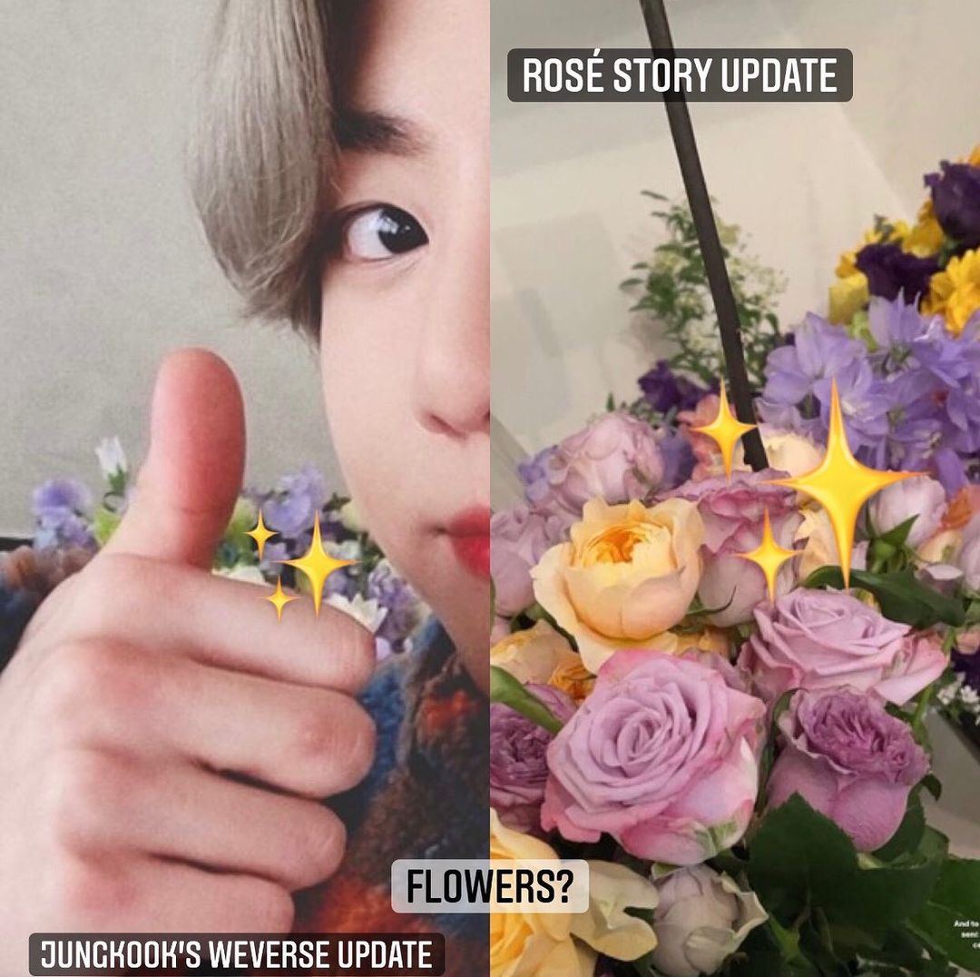 roseskookieau's tweet photo. Daddy kook is telling Rosie, she did a great job for yesterday's show 👀. And then the other photo shows the same flowers.... my rk heart 🤧 
🔗roskookiess(IG) https://t.co/nMZ9r1SwKE
