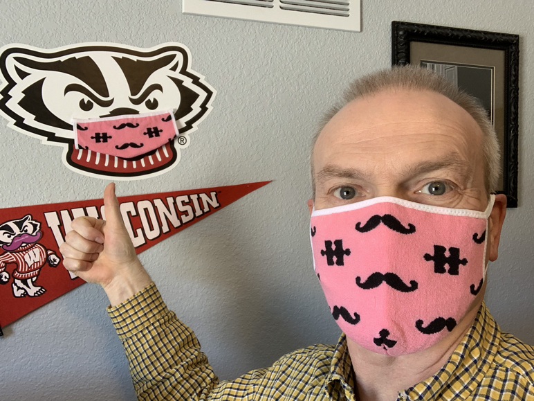 Nat_Zettel's tweet photo. Thank you @nickisnpdx for the shipment of #pinksocks and #pinkmasks! Even #BuckyBadger is rocking the mask! https://t.co/E0CF9pkzAH