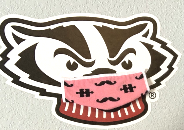 Nat_Zettel's tweet photo. Thank you @nickisnpdx for the shipment of #pinksocks and #pinkmasks! Even #BuckyBadger is rocking the mask! https://t.co/E0CF9pkzAH