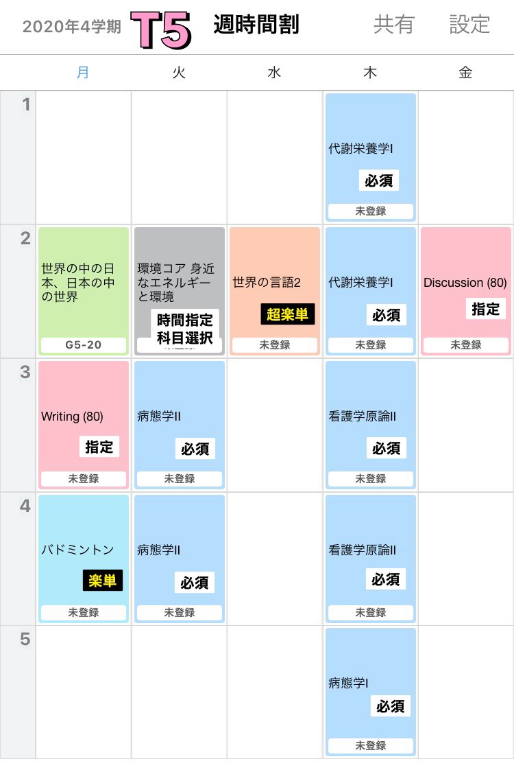 maiami0211's tweet photo. 21看護学部の皆さん
参考までに、私の昨年度の時間割です。個人的感想もちょこちょこ書いてます。何か気になることがありましたら何でも気軽に聞いてください🥰
#春から千葉大 #春から千葉看 https://t.co/eoWLLBdlmQ