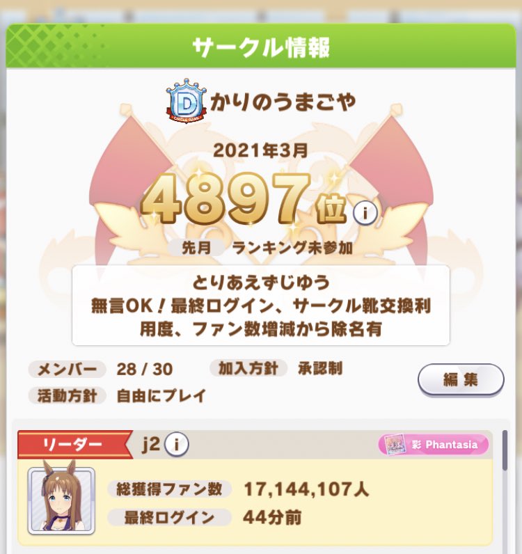 J2 だよっ ウマ娘 サークル メンバー募集 知人優先 野良も可能 理想ファン数総合500万以上 靴投げ理解者 ウマ娘の育成もされる方 ログインのみやレースのみは難 T Co Xgnhv4wyhh Twitter