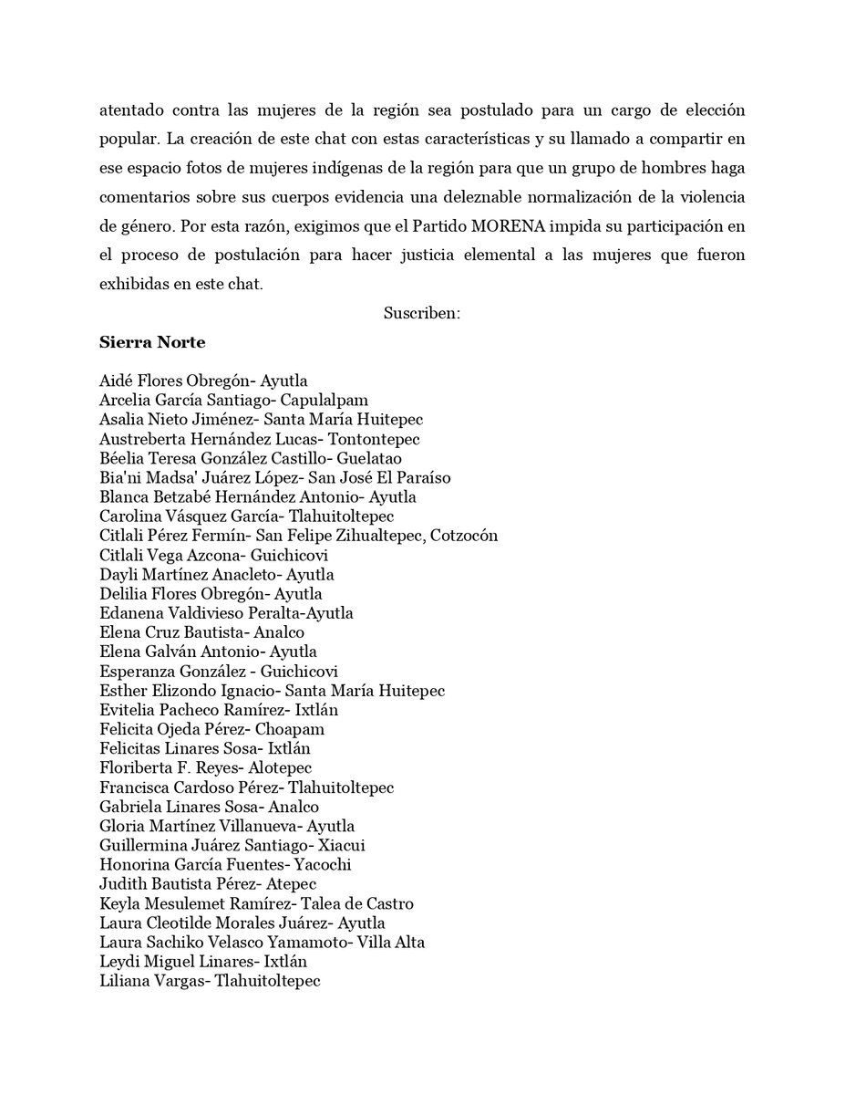 YasnayaEG's tweet photo. Más de 50 mujeres de la Sierra Norte, de Oaxaca y organizaciones y colectivas hacemos un enérgico llamado al @PartidoMorenaMx: No queremos al creador del chat Sierra XXX de diputado. 
@SesulBolanos
@CNHJ_Morena 
@CitlaHM 
#NingunAgresorEnElPoder https://t.co/dpyQwEAV2t