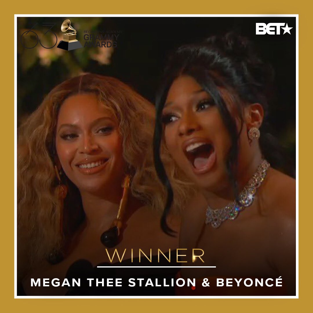 BET's tweet photo. Best Rap Song 👏🏽👏🏽 Congrats to these QUEENS!! ❤️ @theestallion #GRAMMYs https://t.co/1E5r9nnhaK