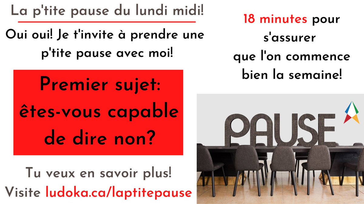Pierre_leprof's tweet photo. Je vous attends dans 15 minutes sur la page Facebook ou sur la chaîne Youtube de @CaLudoka pour #laptitepause
Aujourd’hui, on essaie d’être capable de dire non! Pas toujours facile! 
Je vous attends pour 18 minutes de discussion!
J’ai hâte de vs voir
#eduqc #eduprof https://t.co/MSKas2bpEL