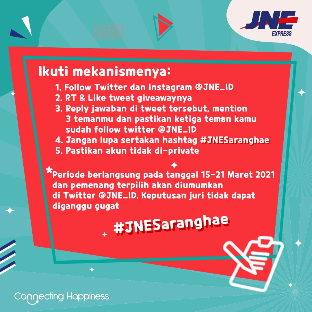 JNE_ID's tweet photo. Waaah terima kasih, Teman JNE! Yuk, saatnya kita...

GIVEAWAY TIME~

Kamu cukup sebutin 3 produknya JNE dan ikuti mekanisme seperti pada gambar. Gampang banget, kan? Makanya jangan lupa ikutan ya, Teman JNE! Fighting! #JNESARANGHAE https://t.co/yUwotBRBxz
