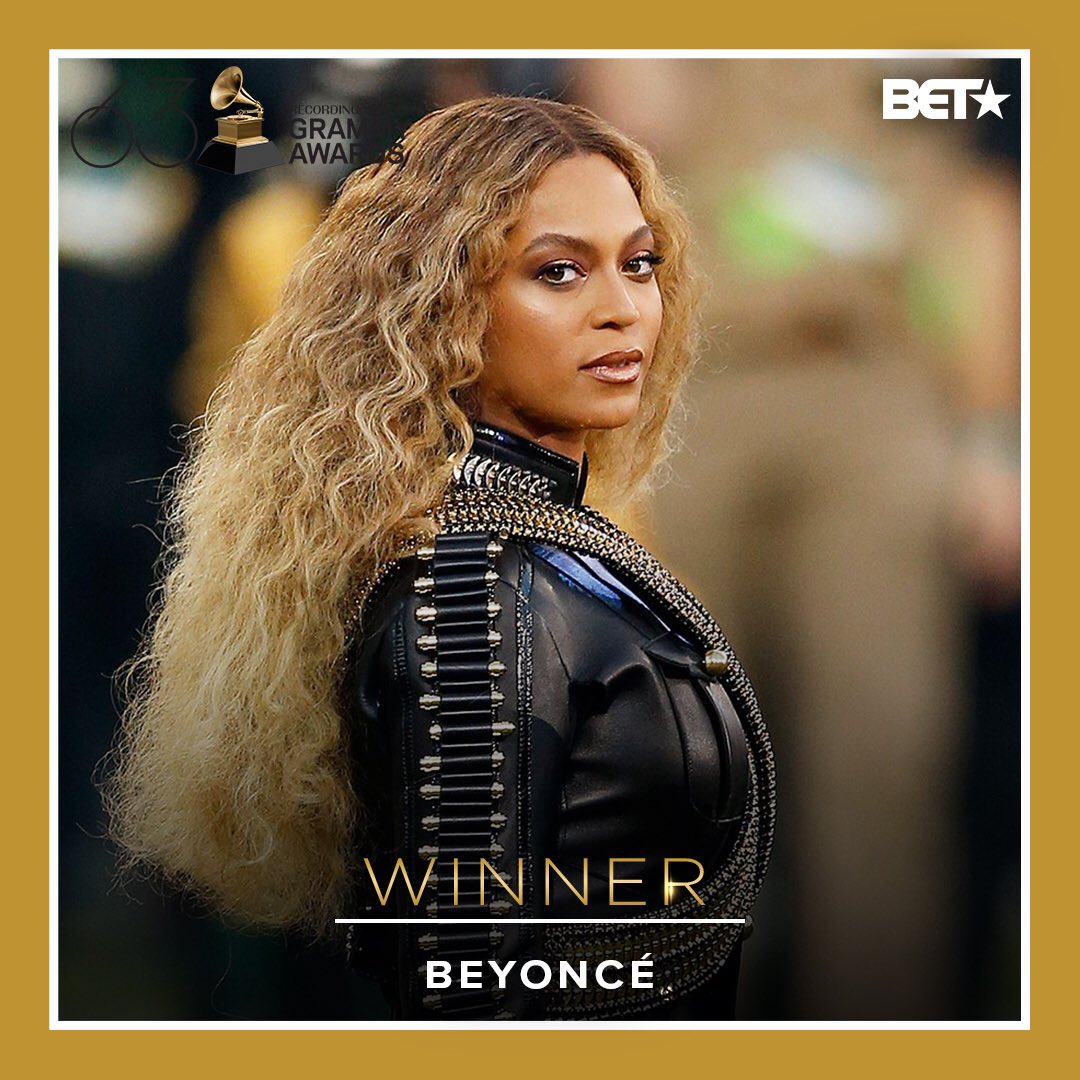BET's tweet photo. “Black Parade” wins Best R&amp;B Performance. Beyoncé  is now the MOST DECORATED female artist in Grammy HISTORY! CONGRATS! #Grammys 🐝🐝👑👑 https://t.co/HszCFsGU4I