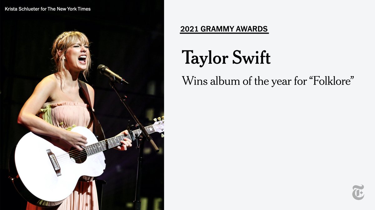 nytimes's tweet photo. Taylor Swift wins album of the year for “Folklore” at the #Grammys. Catch up with our live coverage of the awards: https://t.co/lSJMPJkSi1 https://t.co/oBLrkPjTvk
