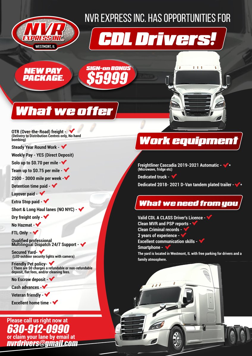 IncNvr's tweet photo. New Pay Package! ⭐️⭐️⭐️⭐️⭐️
Solo up to $0.70 per mile (all miles are paid) 
Team up to $0.75 per mile (all miles are paid) 
Your career starts here, come join our NVR Express Inc team today! 
The driver can be from any part of the US
Call us today! ☎630-912-0990 📧 https://t.co/JkKaNRSGsB