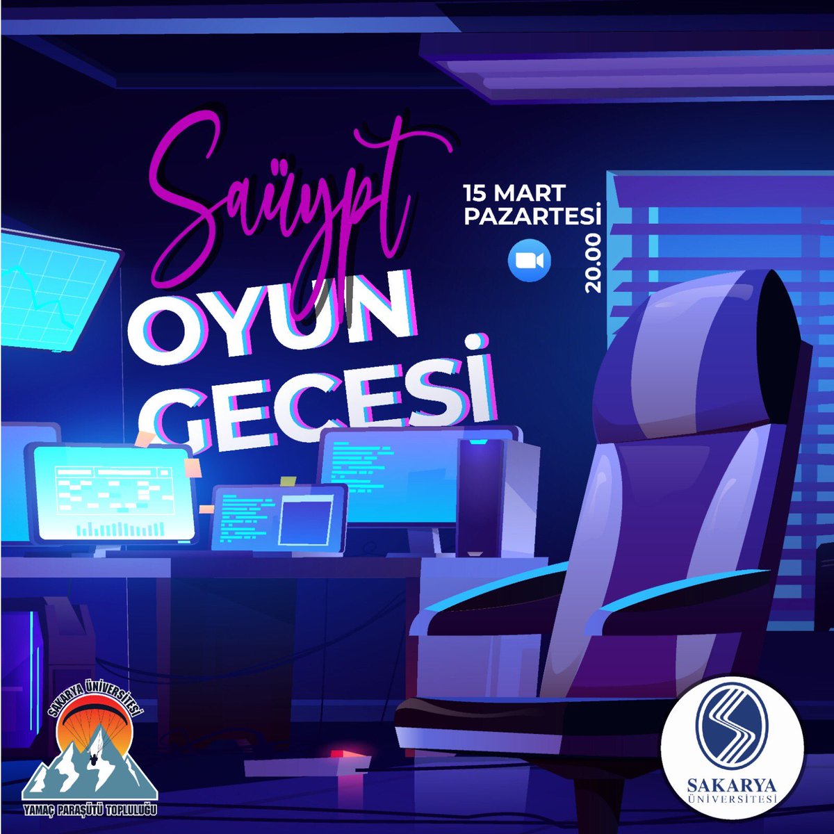 📅 15 Mart 2021 ⏰ 20:00
📌 Oyun Gecesi 
📌 Yamaç Paraşütü Öğrenci Topluluğu 
<a href="/sakaryauni/">Sakarya Üniversitesi</a> <a href="/sauypt/">SAÜ YPT</a>