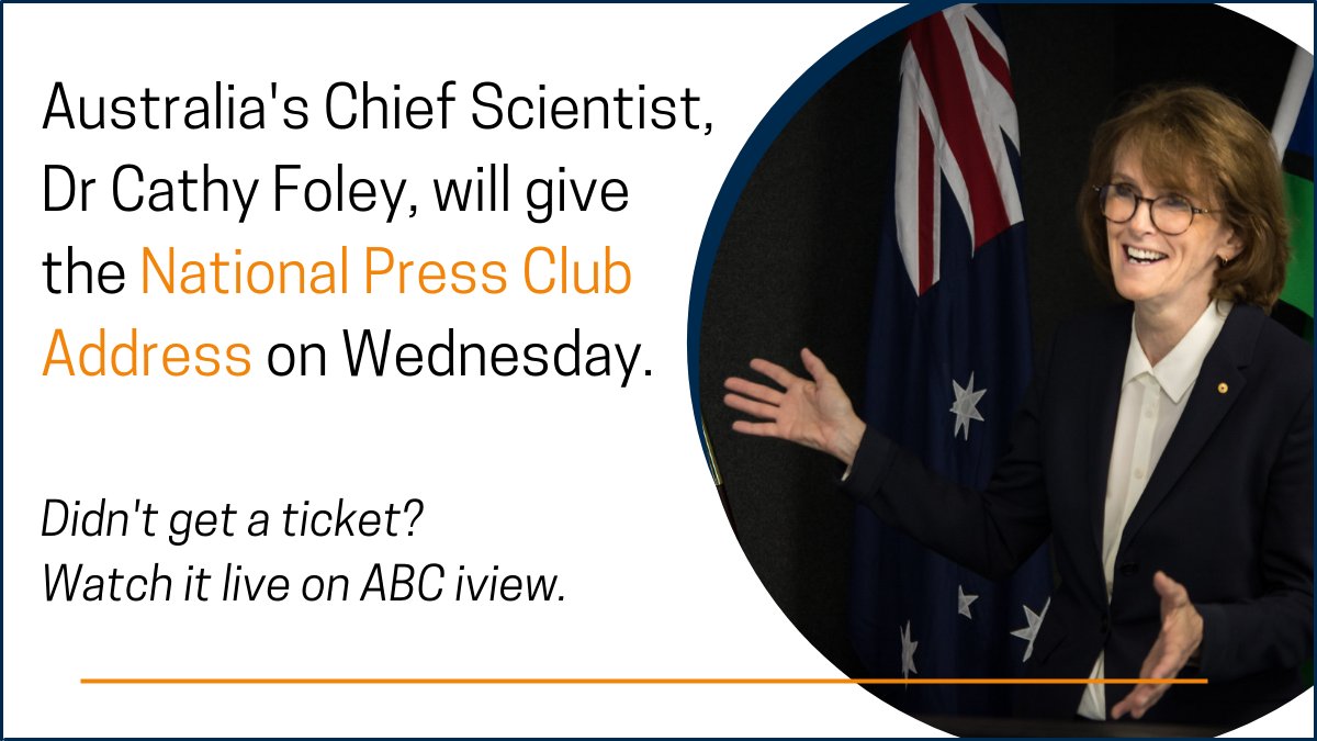 Australia's Chief Scientist, Dr Cathy Foley, will give the #NationalPressClub Address this Wednesday as part of <a href="/ScienceAU/">Science & Technology Australia</a>’s #SmP2021.

Get one of the last tickets left here [npc.org.au] or watch it live on <a href="/ABCaustralia/">ABC Australia</a> iview [ab.co/38tjAic]