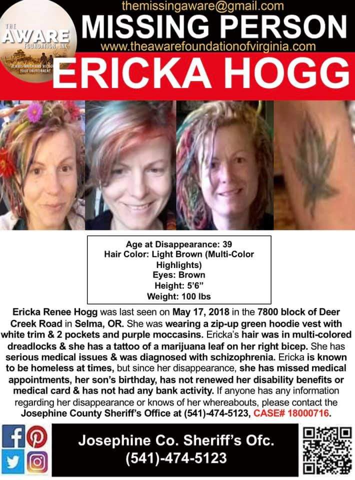 aware_the's tweet photo. #MissingPerson #ErickaHogg #Selma #Oregon @alightforericka @IHaveVanished @LordanArts @SarahETurney @DatelineNBC @LordanArts @john_walsh @CallahanWalsh @LtGovMickey @DisfunkGlee @acavallierNYC https://t.co/DeGSDzKB3h