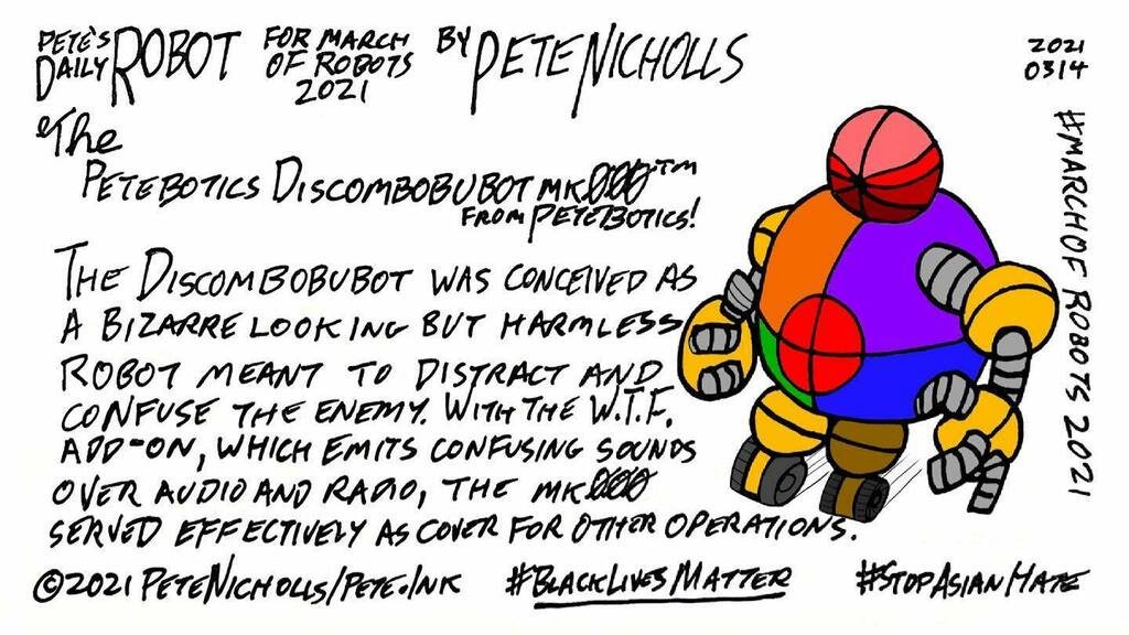 petenicholls_'s tweet photo. The #Petebotics #Discombobubot in today’s #PetesDailyRobot! #DailyRobot #RobotDrawing #iamdrawing #robots #webcomic #webcomics #MarchOfRobots #MarchOfRobots2021 #CreateWithXenceLabs https://t.co/ap6Ldx5k3I