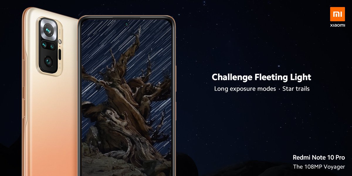 Xiaomi's tweet image. Capture tiny amounts of light, or transform moving lights into magical works of art with #RedmiNote10Pro's long exposure modes! #LiveToCreate #108MPVoyager