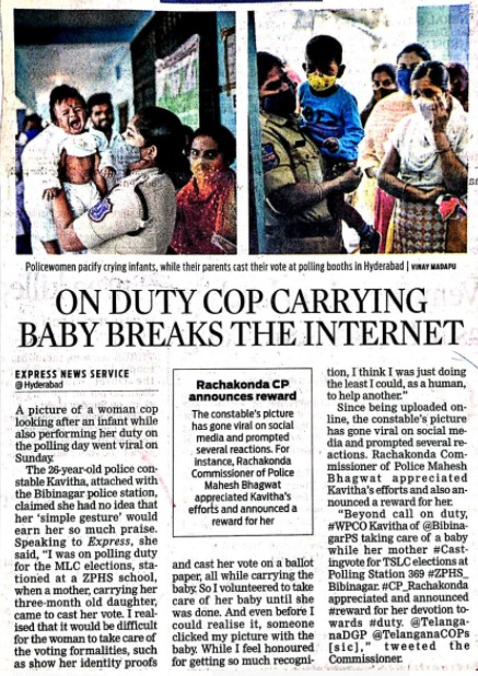 MalkajgiriCop's tweet photo. Beyond call on duty, #WPCO Kavitha of @BibinagarPS taking care of a baby while her mother #Castingvote for TSLC elections at Polling Stn:369 #ZPHS_Bibinagar.
#CP_Rachakonda appreciated & announced #reward for her devotion towards #duty.
@TelanganaDGP @TelanganaCOPs @hydcitypolice https://t.co/bpKAh6cMkA