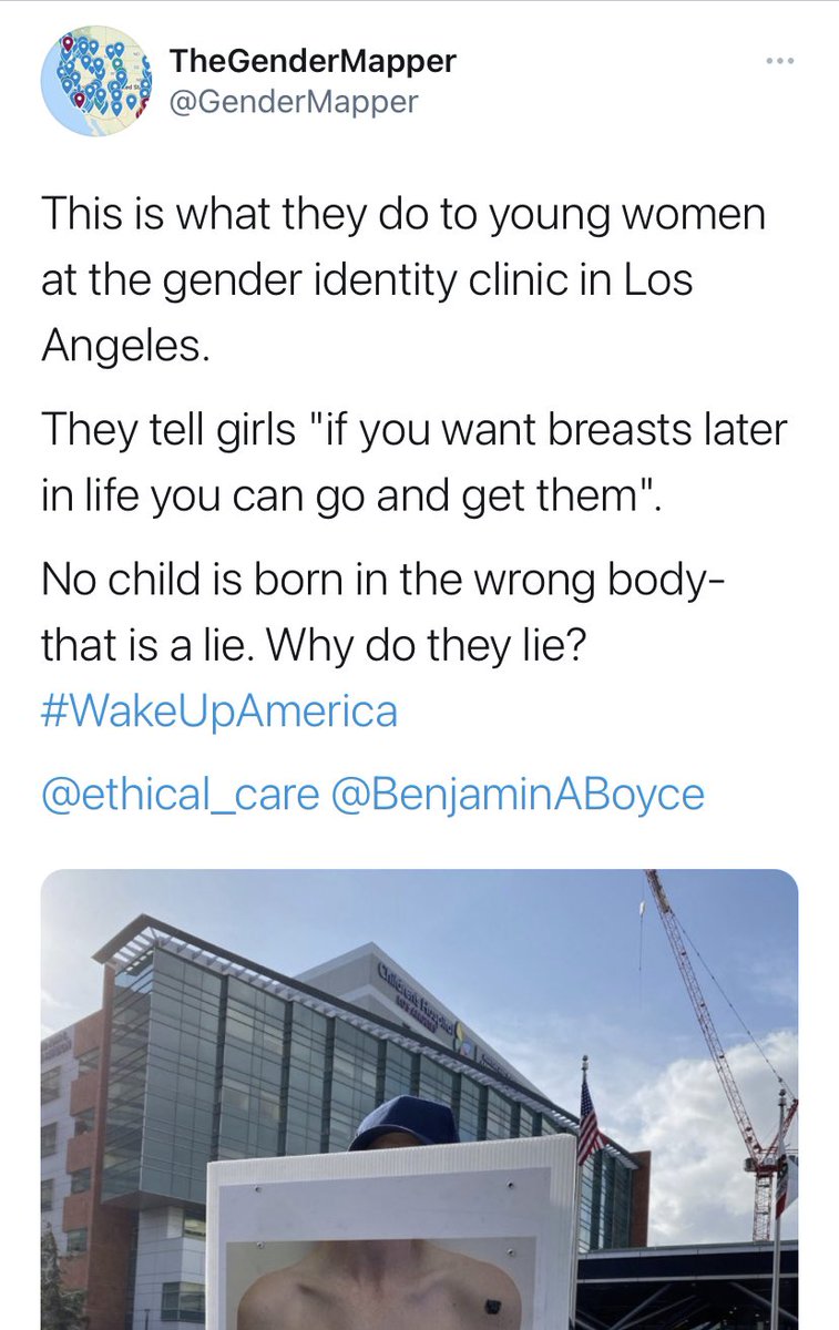 This is what they do to young women at the gender identity clinic in Los Angeles. 

They tell girls "if you want breasts later in life you can go and get them". 

No child is born in the wrong body- that is a lie. Why do they lie?
#WakeUpAmerica 

@ethical_care @BenjaminABoyce
