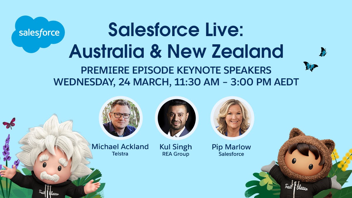 🎥 Featuring <a href="/pipms/">Pip Marlow</a>, Kul Singh <a href="/REA_Group/">REA Group</a>, and Michael Ackland <a href="/Telstra/">Telstra</a>, we're kicking #SalesforceLive: A&amp;NZ off with an incredible keynote on 24 March. 

💥 This will be unmissable. Register now 🔗 sforce.co/3eCxpi6