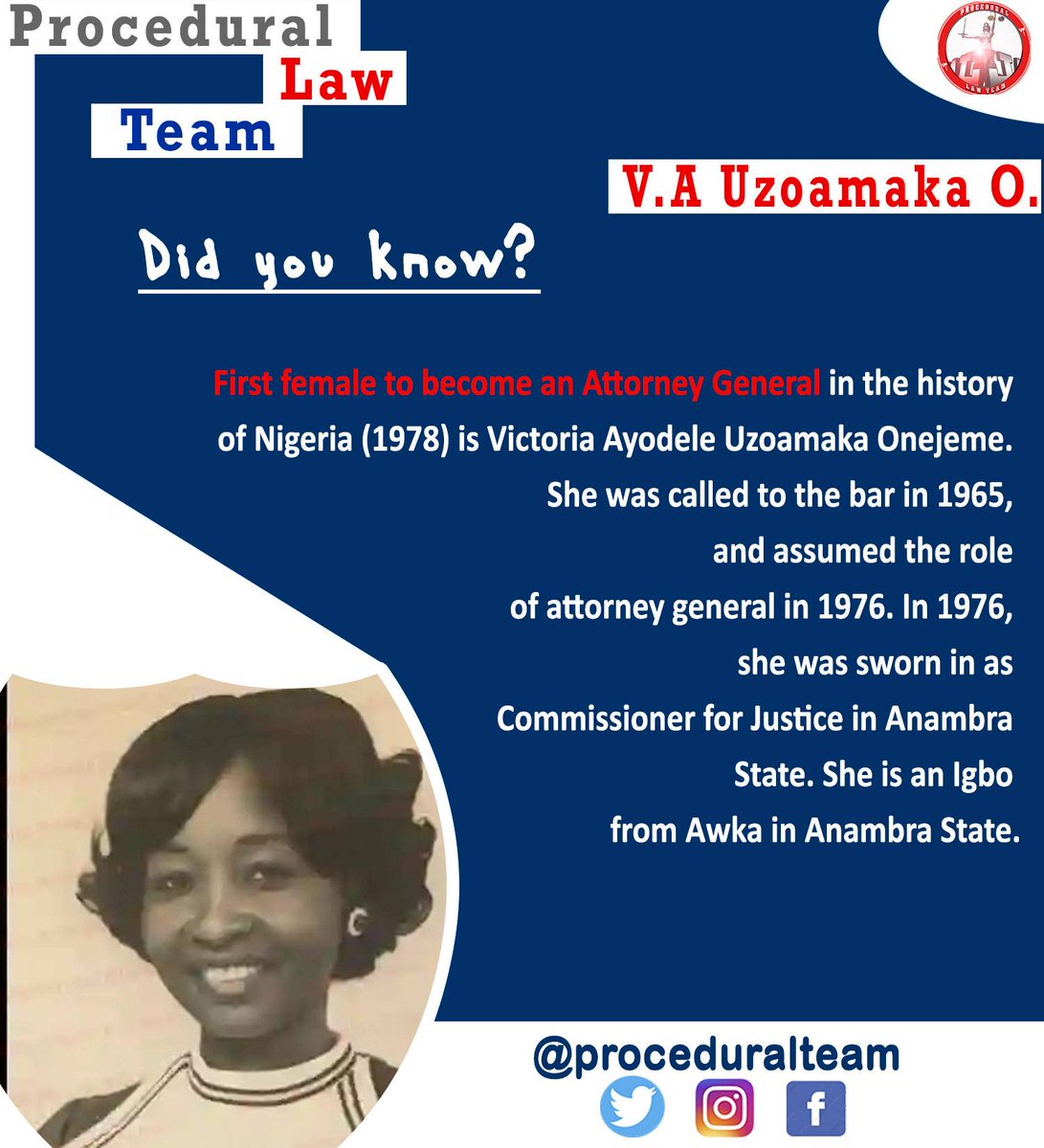 proceduralteam's tweet photo. First female to become an Attorney General in the history of Nigeria (1978) is Victoria Ayodele Uzoamaka Onejeme. She was called to the bar in 1965, and assumed the role of attorney general in 1976. #dykmonday #plteam https://t.co/xD1plAsiuf