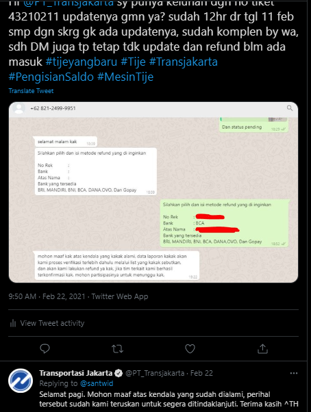 santwid's tweet photo. @PT_Transjakarta @man78278264 saya malah sudah sebulan tidak di refund dana nya, pdhl sudah sering f/u sampe bosen Tiket#43210211 #tijeyangbaru #Saldo #Refund @PT_Transjakarta https://t.co/grq05eXy7y