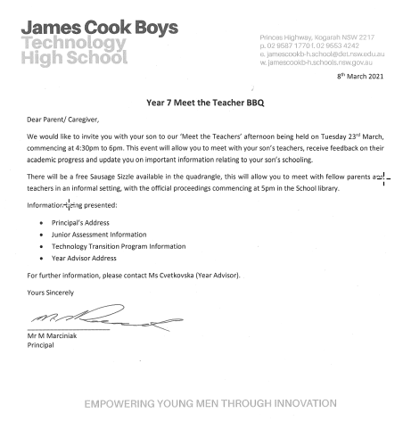 Year 7 Meet the Teacher BBQ

When: Tuesday 23rd March,
Time: Commencing at 4:30pm to 6pm. 

Meet with your son’s teachers, receive feedback on their academic progress and receive updates on important information relating to your son’s schooling. 

BBQ will be in the quadrangle.