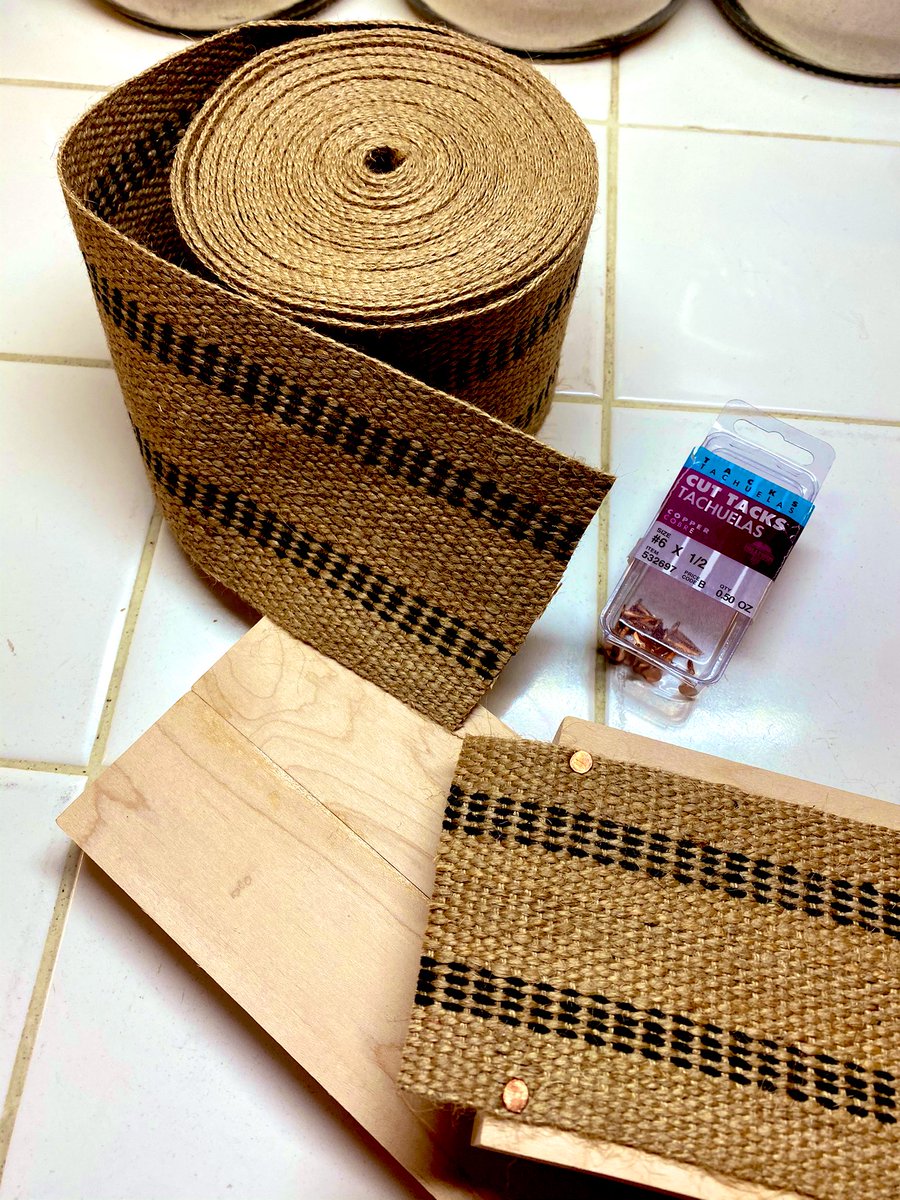 ...some scrap wood planks, copper nails (or something that won’t rust- IMPORTANT as it will get wet and hot) and a roll of burlap about 4”/10cm wide. Simply nail the burlap to the board, don’t be too precious about it. They will need to fit your oven and baking stone...