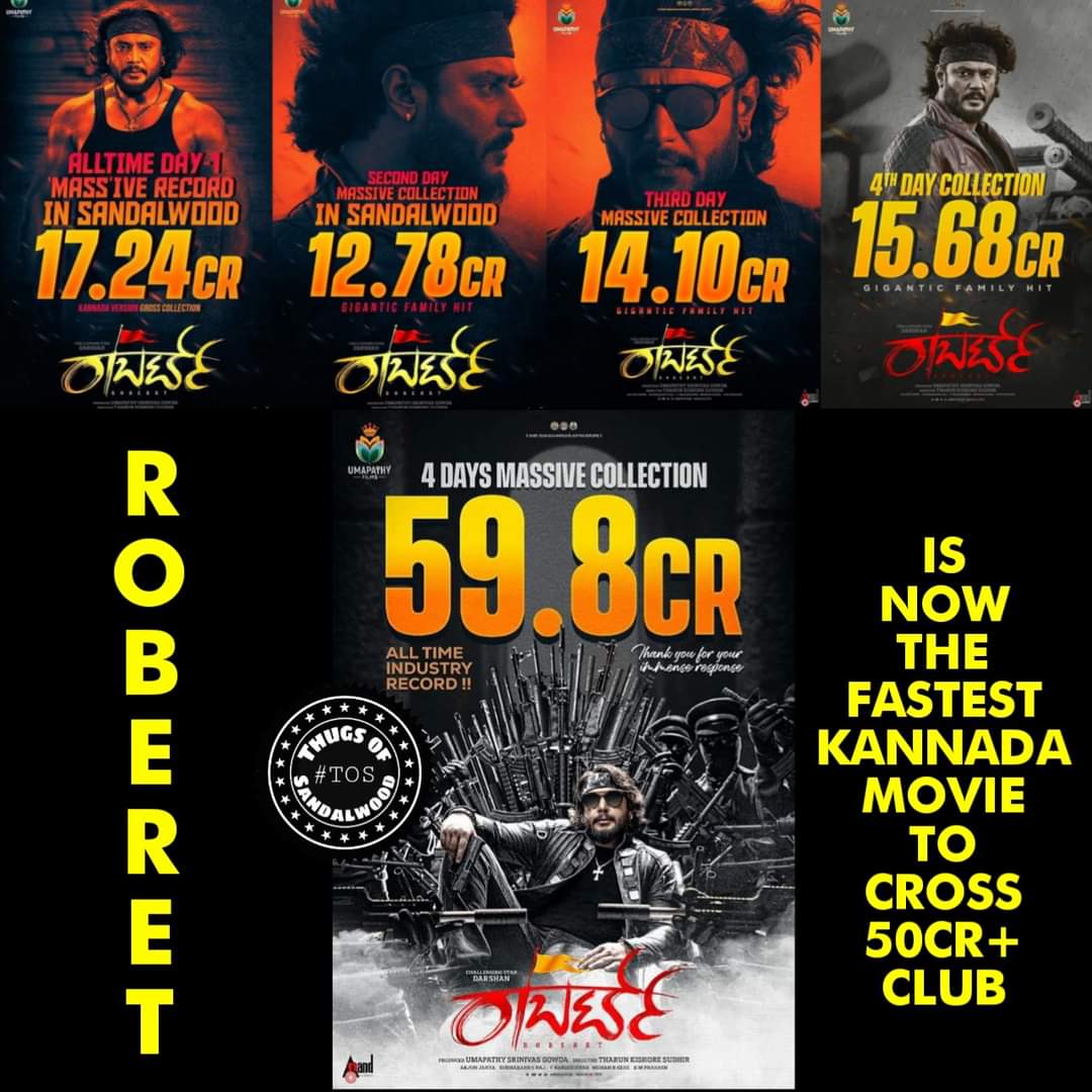 SandalwoodThugs's tweet image. All Time Industry Record 💥🔥💥
#Roberrt Is Now The Fastest Kannada Movie To Cross 50Cr+ Club In Just 4 Days With 59.8CR 🤗🔥💥
#Dboss #Tharun #MariTiger