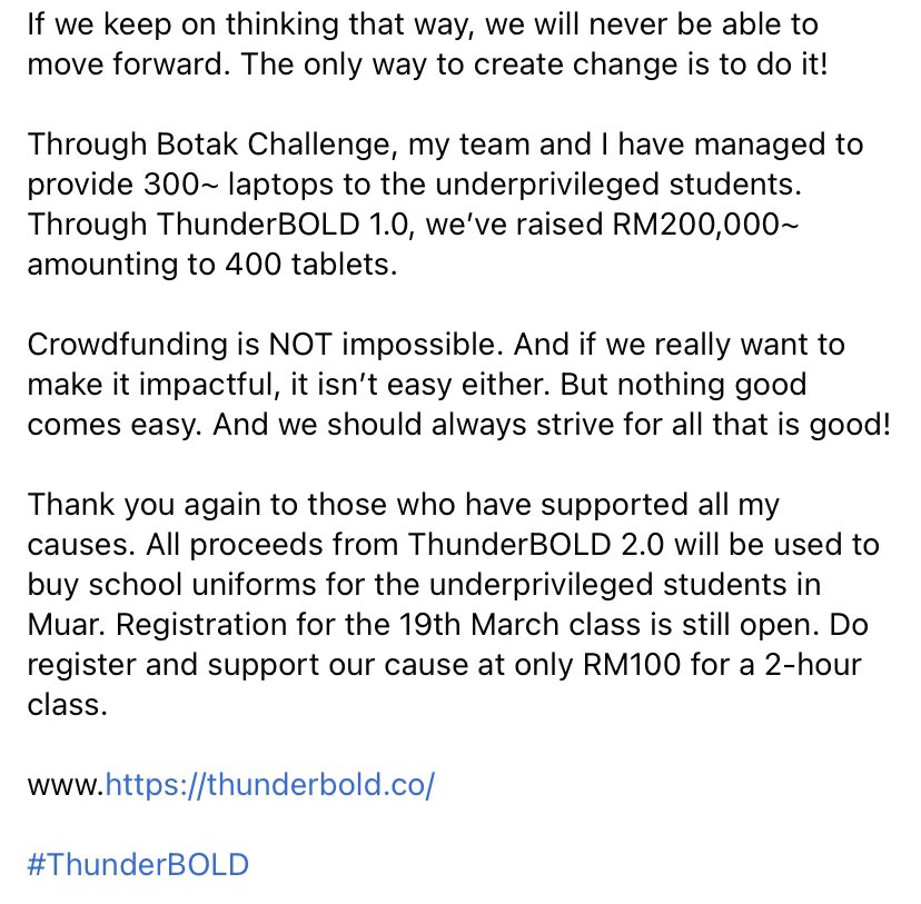 SyedSaddiq's tweet image. Tonight, I will start the first ThunderBOLD 2.0 class!

Crowdfunding is NOT impossible. And if we really want to make it impactful, it isn’t easy either. But nothing good comes easy. And we should always strive for all that is good!

www.thunderbold.co 

#ThunderBOLD