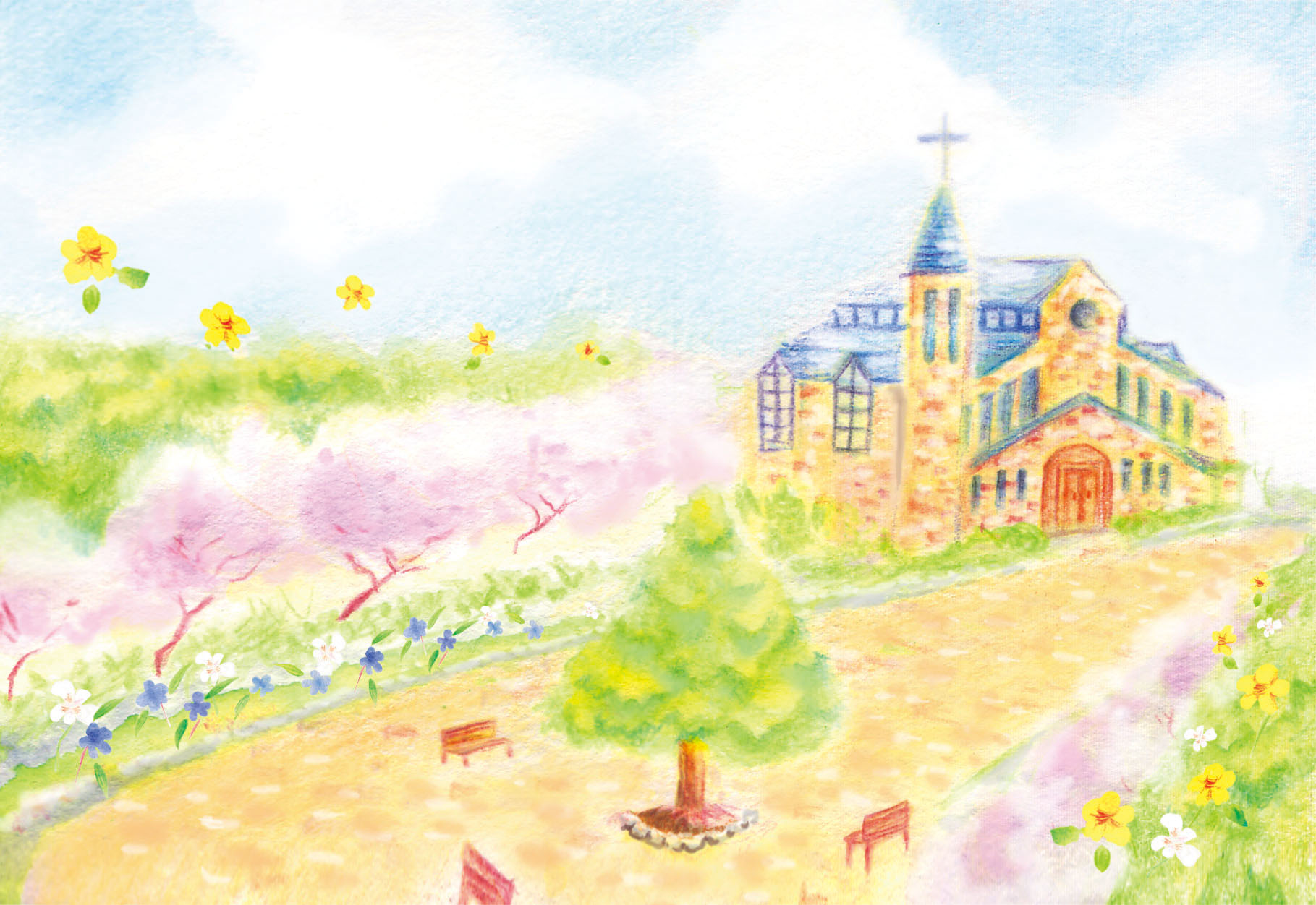 こばやしまりこ 春の教会 イラスト お絵描き 教会 桜 お仕事絵 Illust Artwork Church Sakura Cherryblossoms T Co Eekyfbqm9p Twitter
