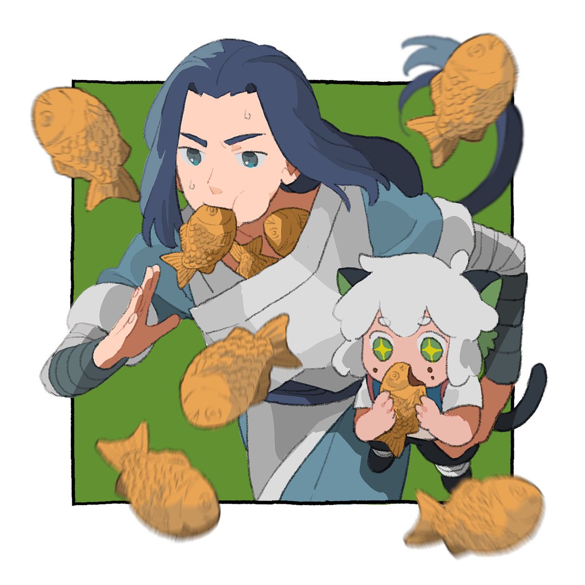 luoxiaohei multiple boys 2boys cat boy white hair taiyaki animal ears tail  illustration images