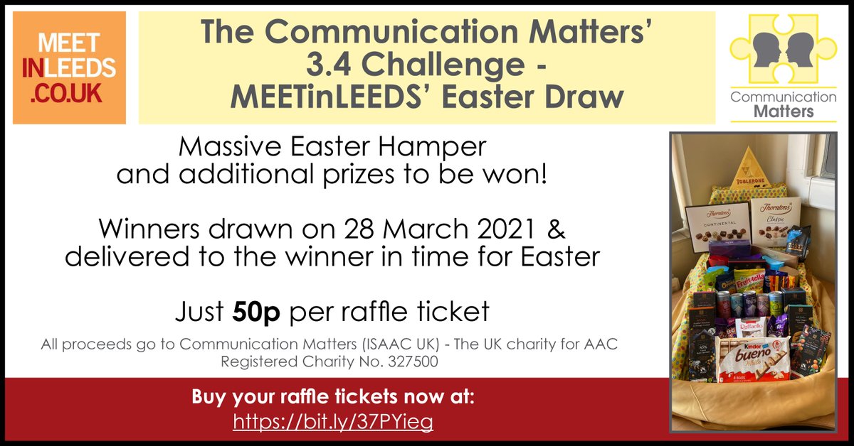 Comm_Matters's tweet photo. 🐰🍫🐣 You've got to be in it to win it! Last chance to buy your raffle tickets to win an Easter hamper 🐰🍫🐣

The winner will be drawn on Sunday! Tickets £2.50 per book (UK 16+ only) https://t.co/dJrWKkCGtI
Thanks to @meetinleeds for donating this for #CMThreePointFourChallenge https://t.co/e7w5P4XLIi