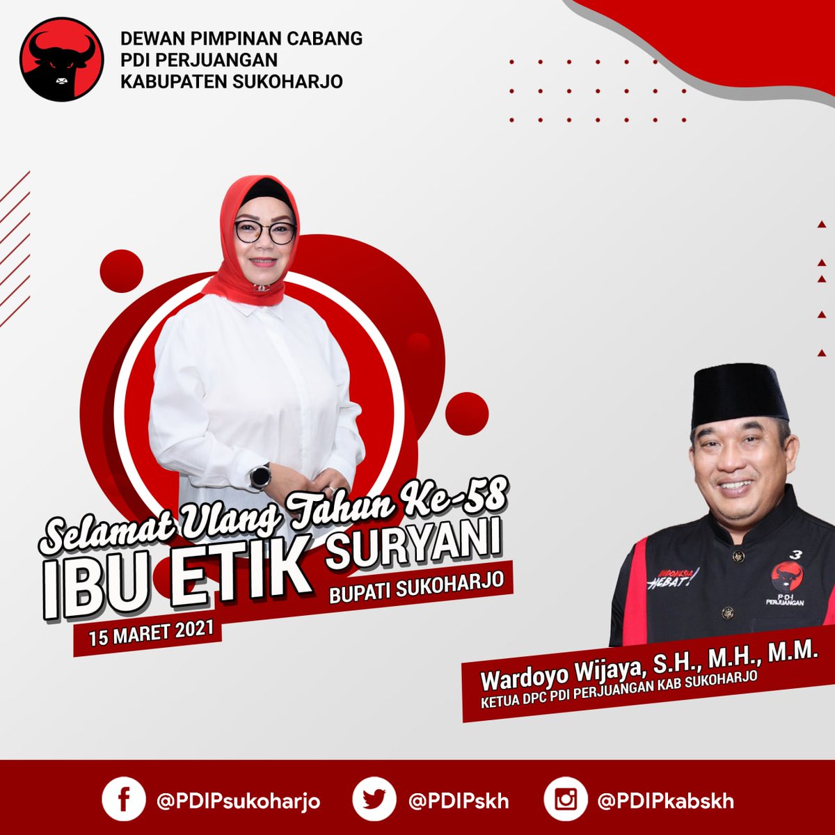 PDIPskh's tweet photo. Selamat Ulang Tahun Ke-58th Bupati Sukoharjo Hj. Etik Suryani, S.E., M.M.
#sukoharjomakmur 
#SukoharjoLebihMakmur 
#PDIPerjuangan
#SolidBergerak https://t.co/mtsm9I8bT2