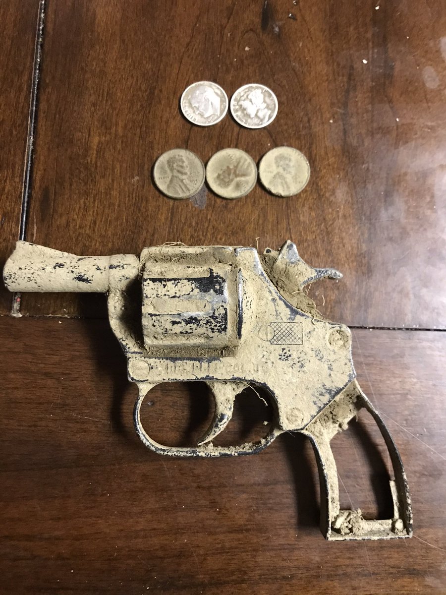 First time 2 silver coins on one outing 1935 and 1952 also 3 wheat pennies and an old toy gun