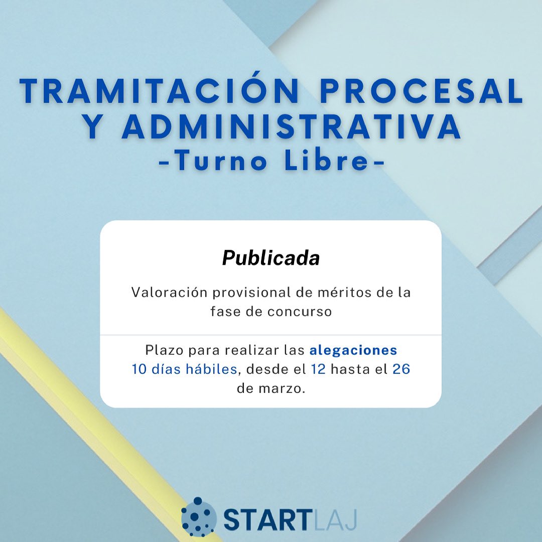 startlaj's tweet photo. 👉🏼 Valoración provisional de méritos de la fase de concurso para el ingreso en el Cuerpo de Tramitación Procesal (T.L.)

⚠️ Plazo para realizar alegaciones: 10 días hábiles

📆 Desde el 12 hasta el 26 de marzo, ambos incluidos

#startlaj #oposicionesjusticia #tramitacionprocesal https://t.co/XoIbWE7Ukq