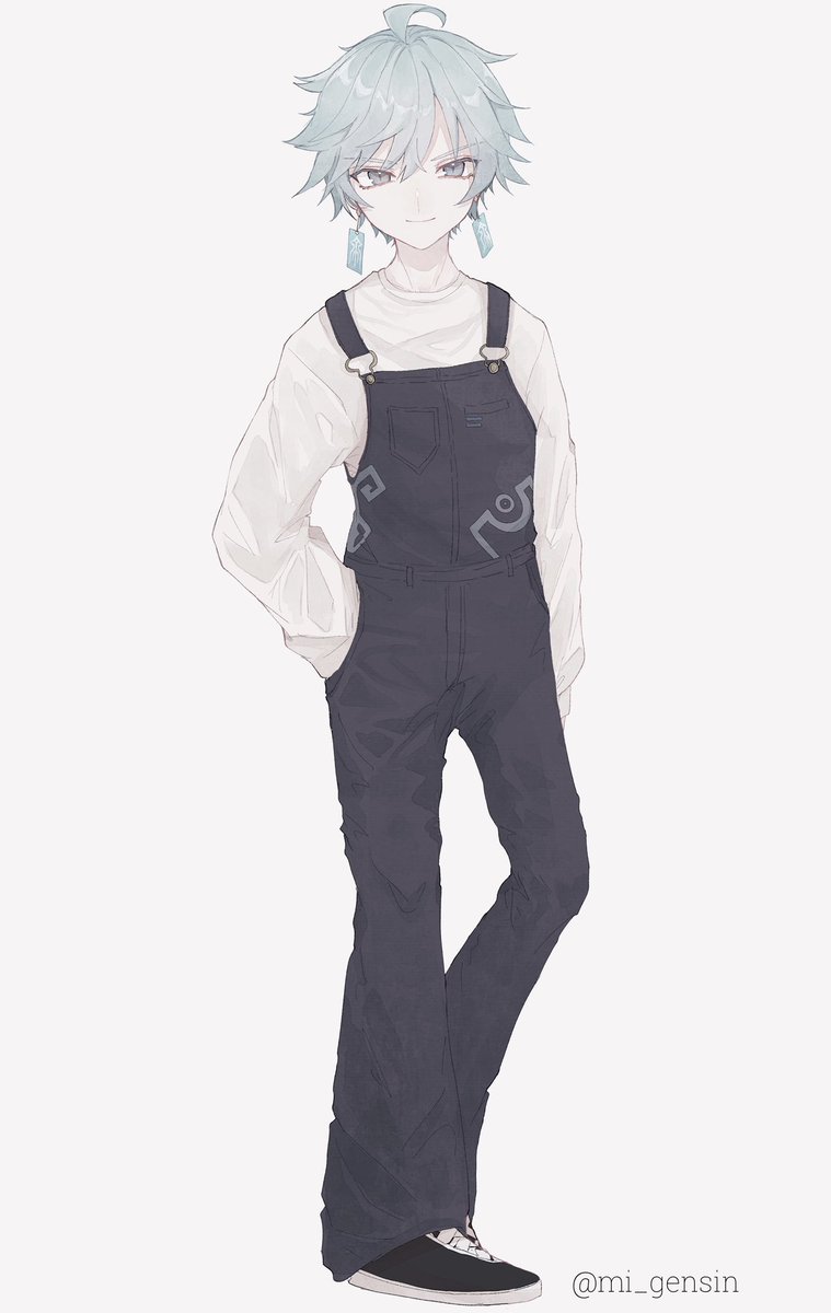 chongyun (genshin impact) 1boy male focus solo blue hair overalls jewelry earrings  illustration images