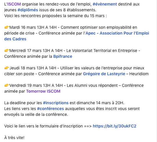 Tomorrow_ISCOM's tweet photo. L’ISCOM organise les rendez-vous de l’emploi, #évènement destiné aux jeunes #diplômés issus de ses 8 établissements. Voici les rencontres proposées cette semaine . 

Le lien vers le formulaire d'inscription ==> https://t.co/XvgsOSH3ob

À très vite!

#ISCOM #tomorrowISCOM https://t.co/zEa92seynU