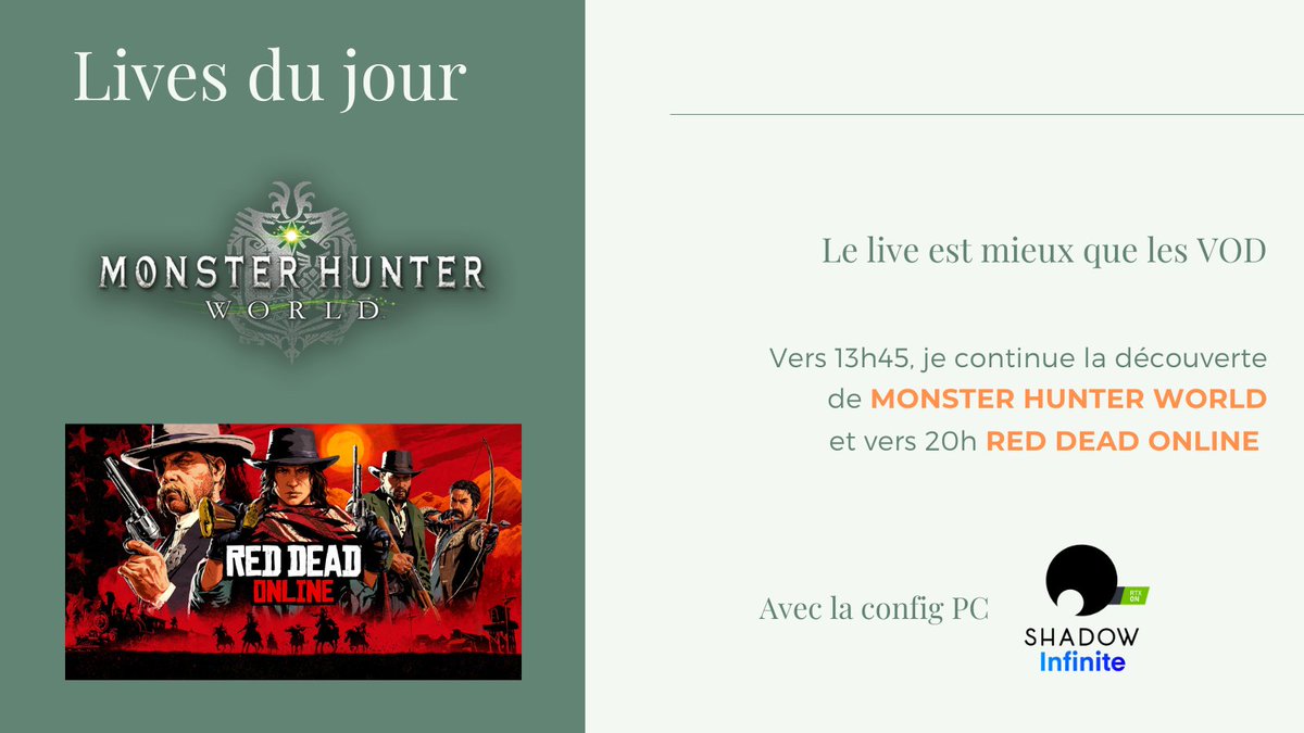 AegonDurNehViir's tweet photo. Liens vers mes chaines :
Twitch https://t.co/aeYfb5Ccq1 Youtube https://t.co/S4F3zs3RbC
#RedDeadOnline #ShadowInfinite #MonsterHunterWorld
#cloudcomputing #cloudgaming #shadowpc #TeamShadow https://t.co/ej3AlttNq2