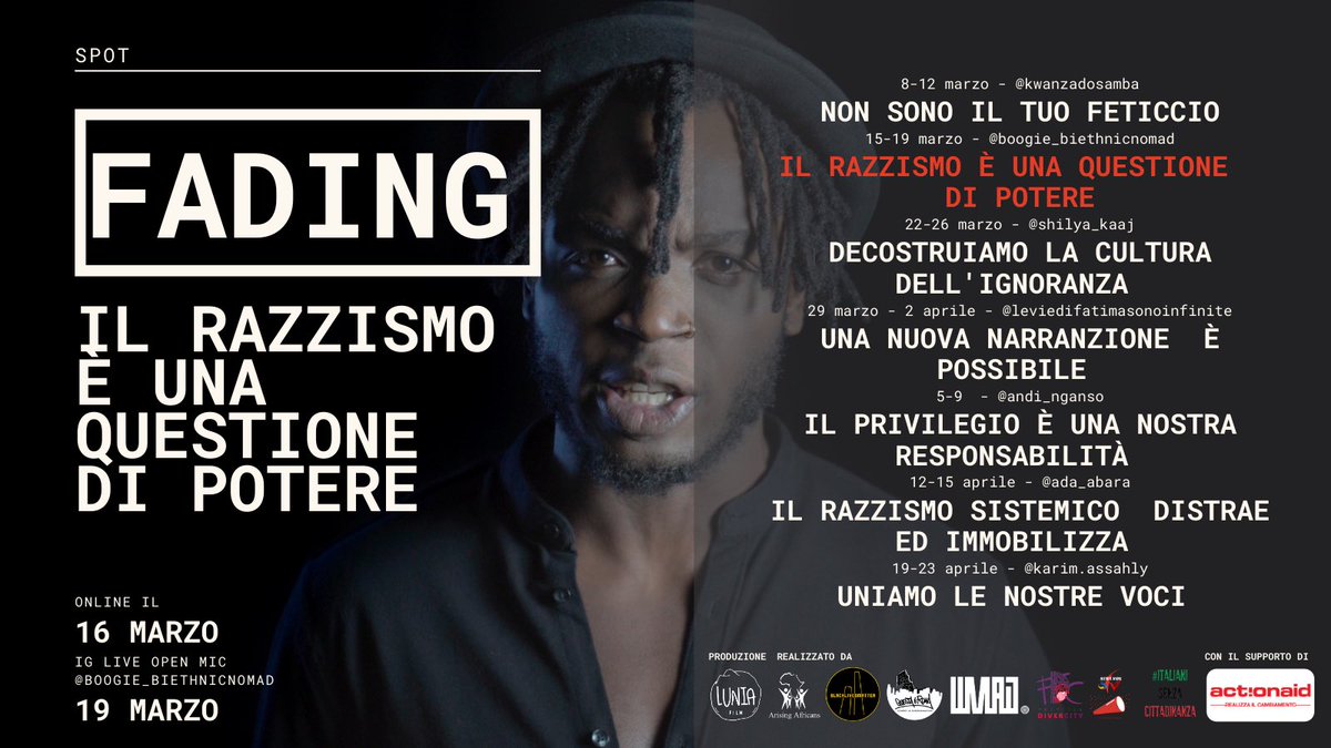 Il razzismo sistemico ha una natura multiforme. Ce ne parla Anthony "Boogie" Chima nel video di domani, martedì 16 marzo, per la maratona #FADING.
#savethedate #PrendiamoLaParola #FadingSPOT #FADING25Aprile #NonSonoIlTuoStereotipo #BLMatterItalia #RoadtoFADING #25Aprile