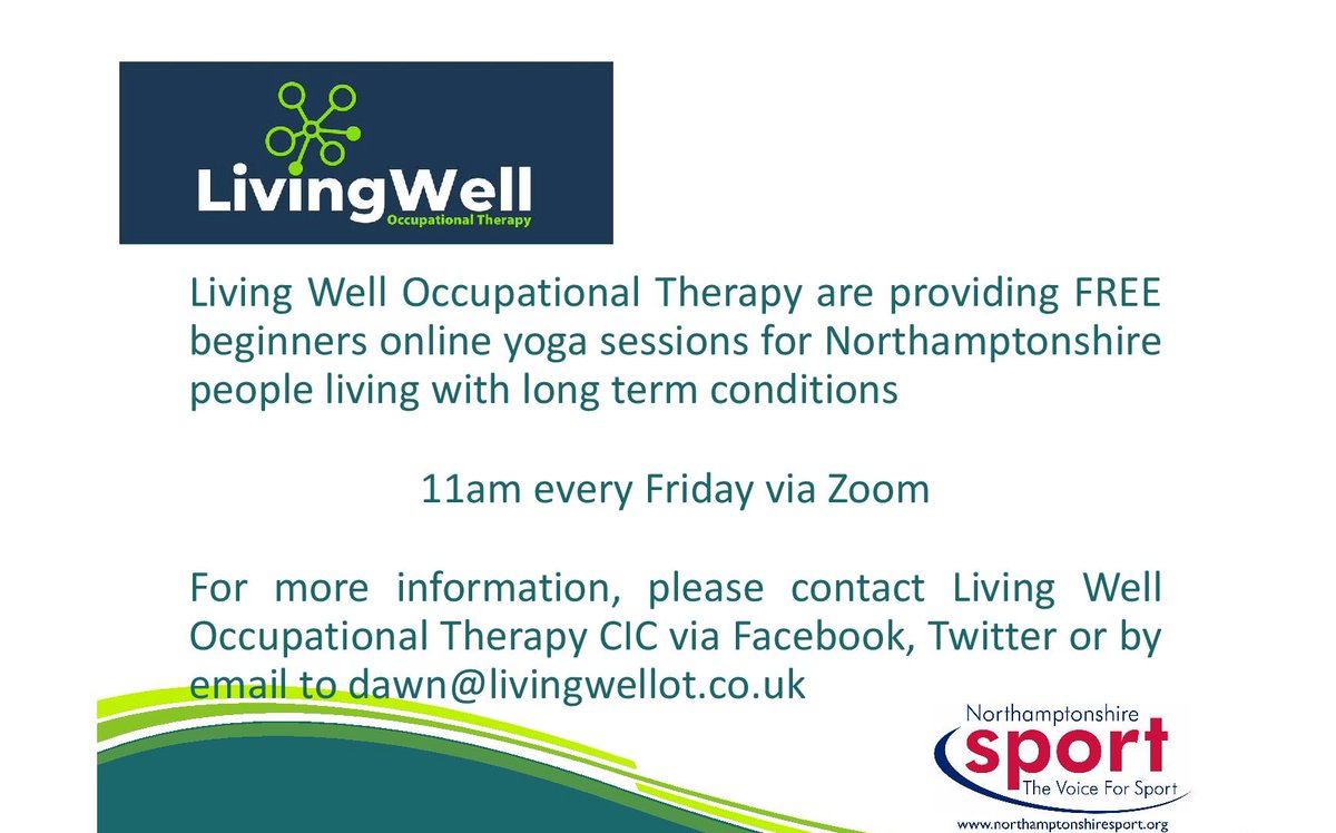 Pleased to share that we are extending our run of free online #yoga sessions for #Northants people living with long term conditions🧘‍♀️🧘‍♂️ Spaces are available, so if you're interested in taking part or want more info, please get in touch by email: dawn@livingwellot.co.uk or by DM