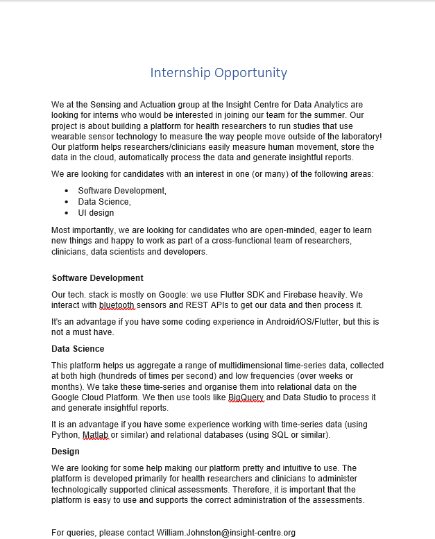 Interested in #softwaredev, #datascience or #design?

We have internship opportunities with the <a href="/personalsensing/">@PersonalSensing</a> at the <a href="/insight_centre/">Insight Research Ireland Centre</a>

We are building a platform to help researchers/clinicians easily measure human movement, store/process the data &amp; generate insight!

#jobfairy