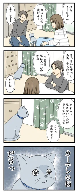 昔のを描きなおした4コマ「カーテン」ネコが、部屋の一点を見つめる理由。まとめ ブログ 漫画が読めるハッシュタグ #猫のいる暮らし 