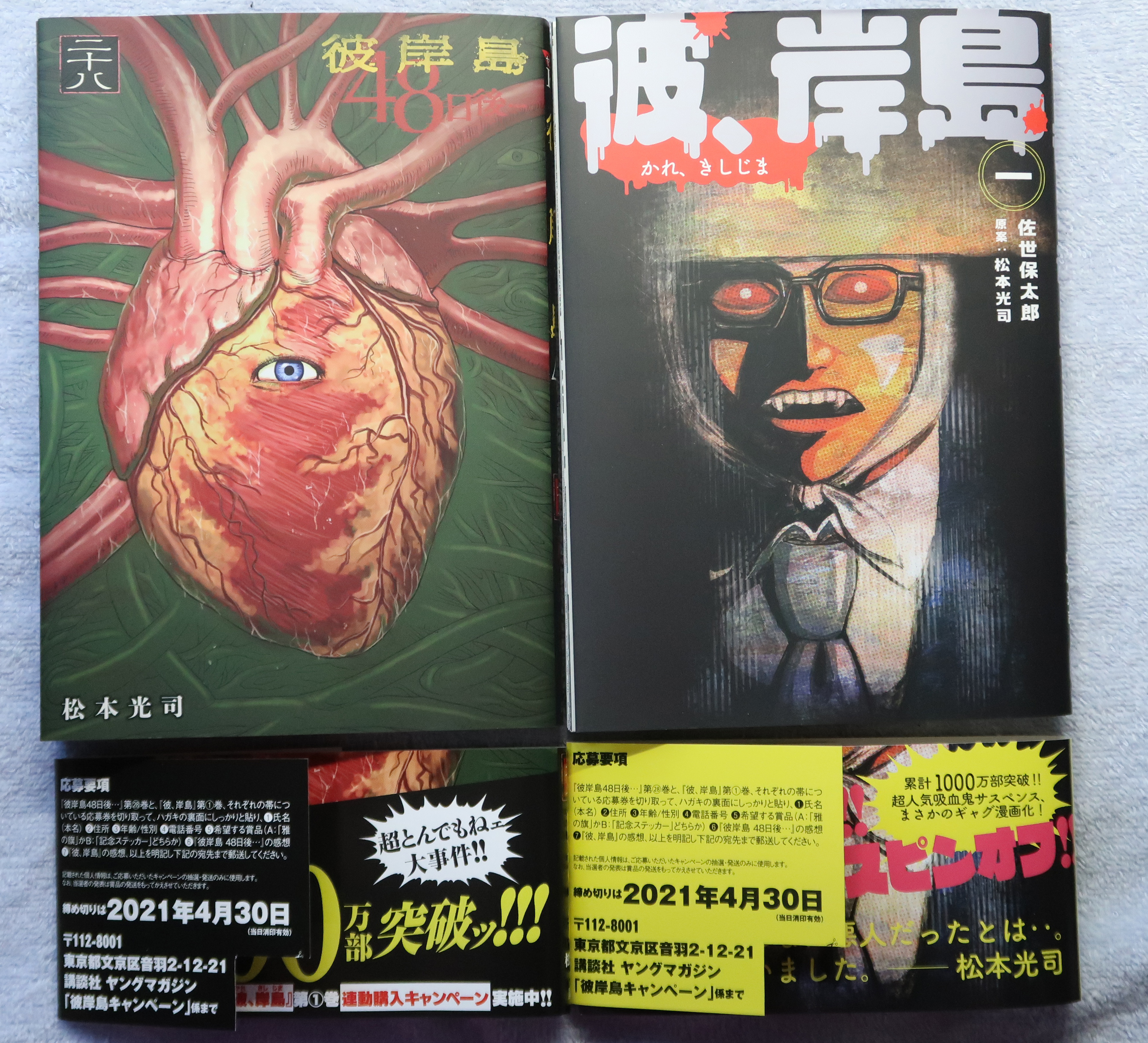 はる 彼岸島 28巻と カレ岸島 1巻は両方とも発売日に買ってたけど 今日やっと感想を書き終えて 彼岸島キャンペーン に応募した 商品は狭き門 雅様の旗に応募したぜ 応募券を貼る時 雅様の隣にそのまま岸島を並べるのはちょっとアレかなと思って