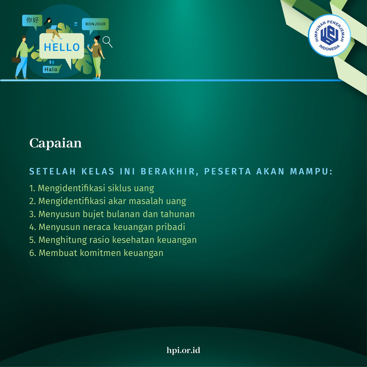 hpipusat's tweet photo. Webinar HPI "Pengelolaan Keuangan Dasar untuk Penerjemah/Juru Bahasa Lepas" - Ayo belajar mengelola keuangan bersama seorang Perencana Keuangan Bersertifikat! https://t.co/cvtWbIEFMB #hpi #webinarhpi #penerjemah #jurubahasa #pengelolaankeuangan https://t.co/EMCRCjziAs