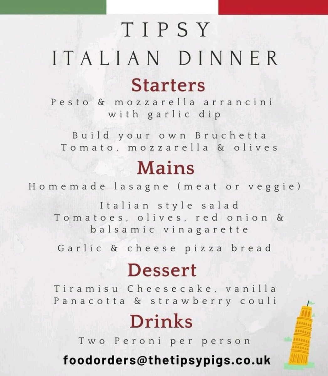 Italian Dinner for Home Delivery this Friday 19th March. £40 for 2 person box.