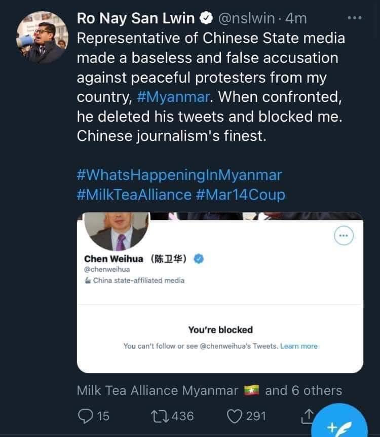 NaingOK2's tweet photo. Representative of Chinese state media made a baseless &amp; false accusations against peaceful Myanmar protesters. BLOODTHIRSTY JUNTA set fire on factories. Is Chinese business more important than Myanmar people lives ? #WhatsHappeningInMyanmar 
#Mar15Coup https://t.co/xfijLG1wNa